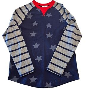Hanna Andersson Red Navy Gray LS Shirt Stars Stripes Boys Size 140 = 10 US EUC